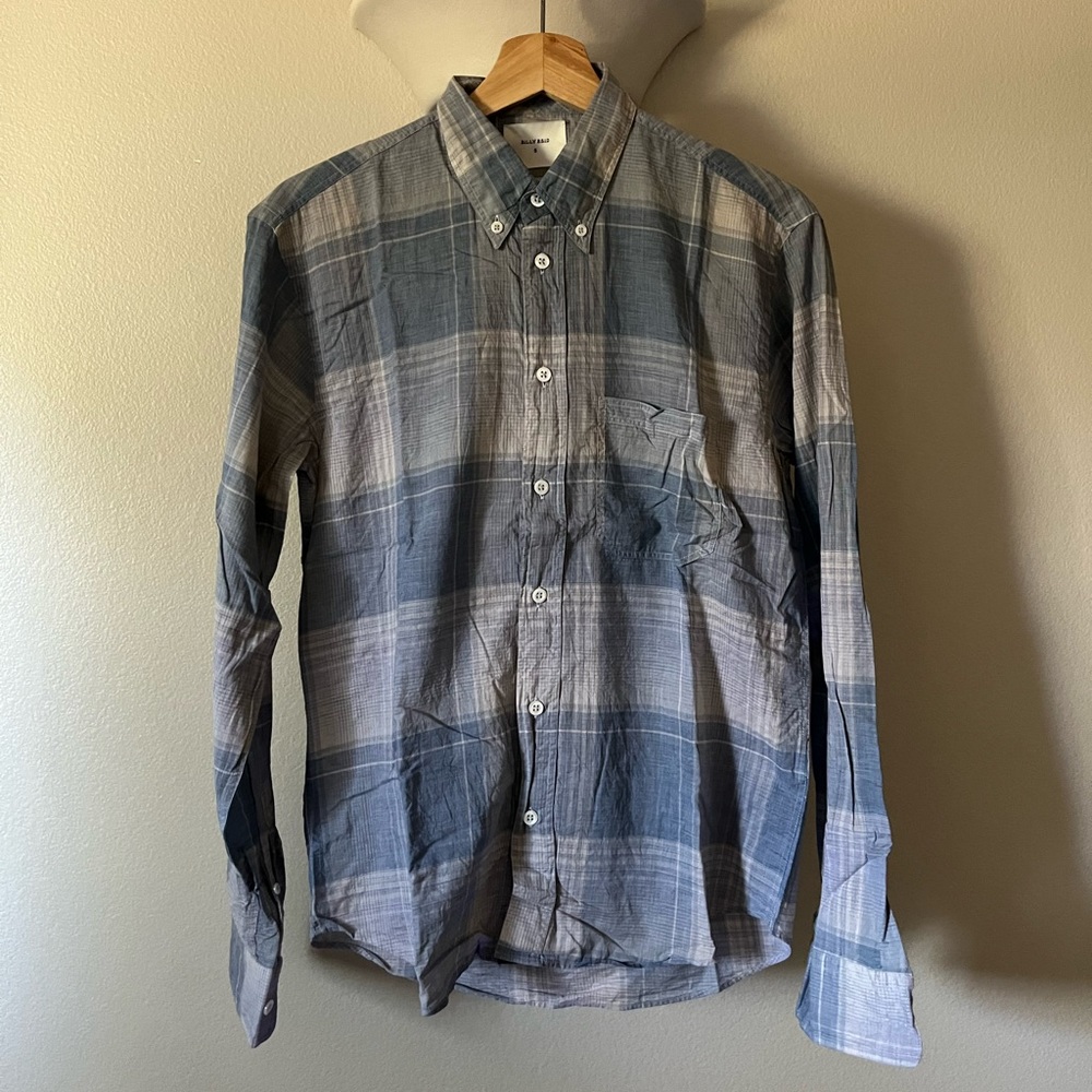 Billy Reid Blue and Gray Plaid Casual Button Down Shirt